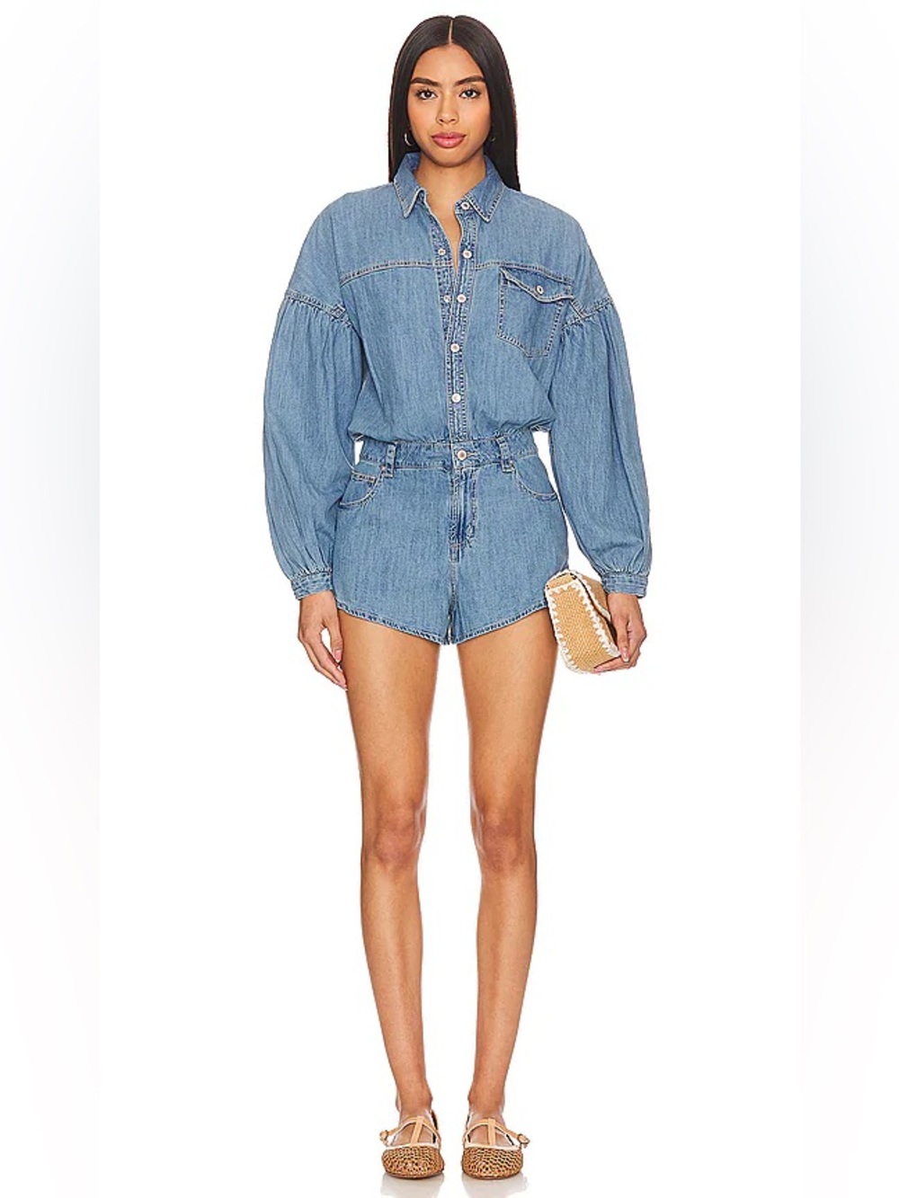 We The Free by Free People Zodiac Chambray Romper Light Wash XS